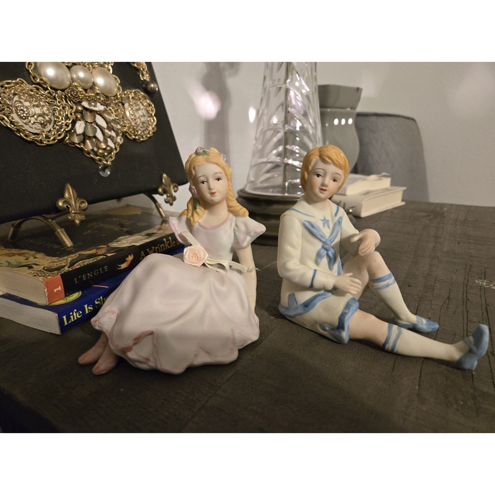 Eda Mann Porcelain Sitting Boy and Girl Figurine Pair, Rare Vintage Milano
